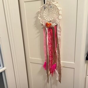 Boho Western Romantic Crocheted Handmade Dreamcatcher with Pink and Tan Ribbons